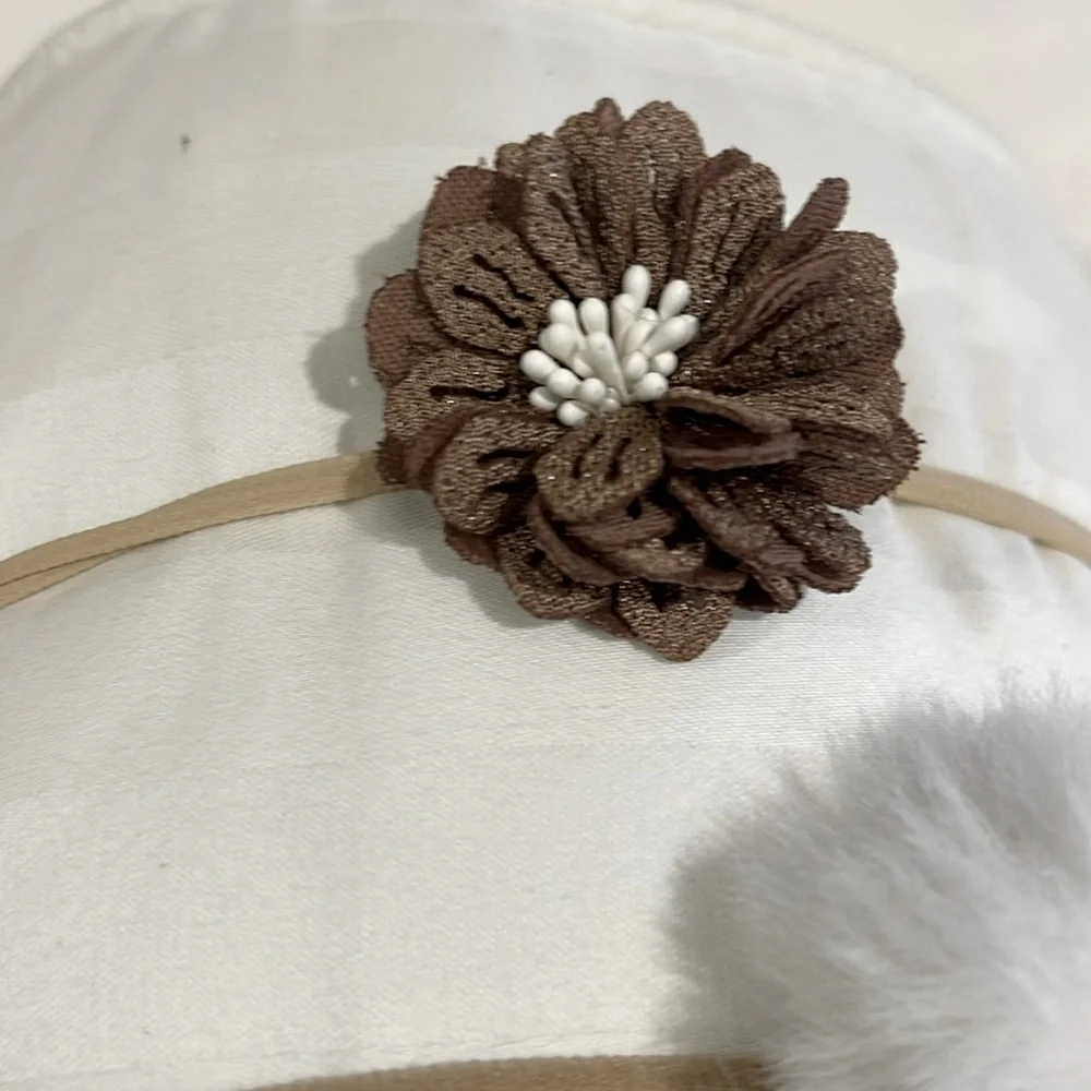 SET OF 3 NEUTRAL TONE FLOWERS AND WHITE FAUX FUR PUFF HEADBANDS